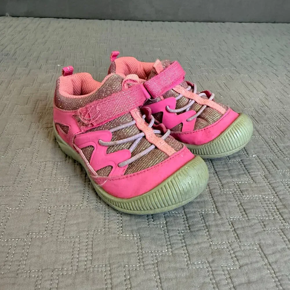 OshKosh Hot Pink Glitter Sparkle Velcro Hook & Loop Sneakers Baby Toddler Girl 7